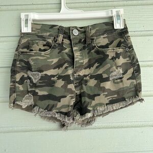 Camo Green Girl’s Distressed Shorts
